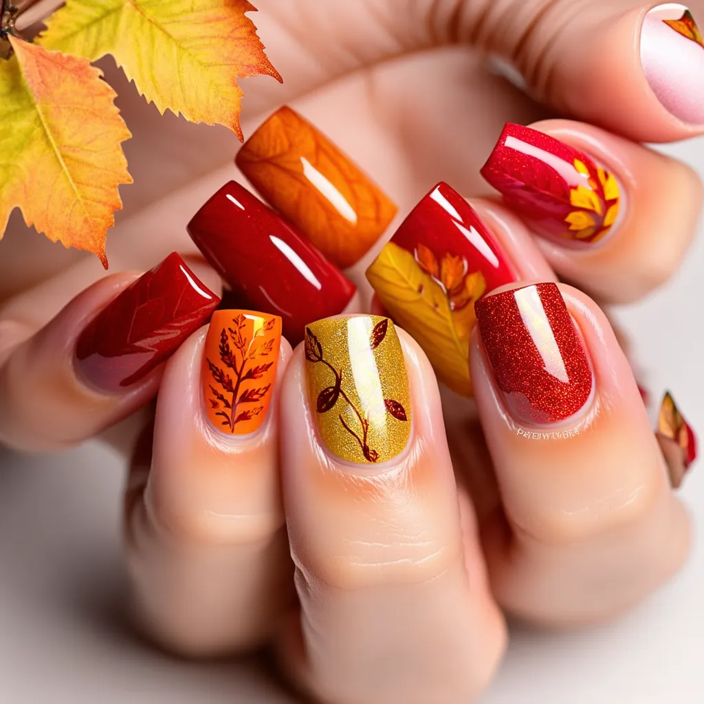 Hands with gel nails featuring intricate leaf patterns in red, orange, and yellow.