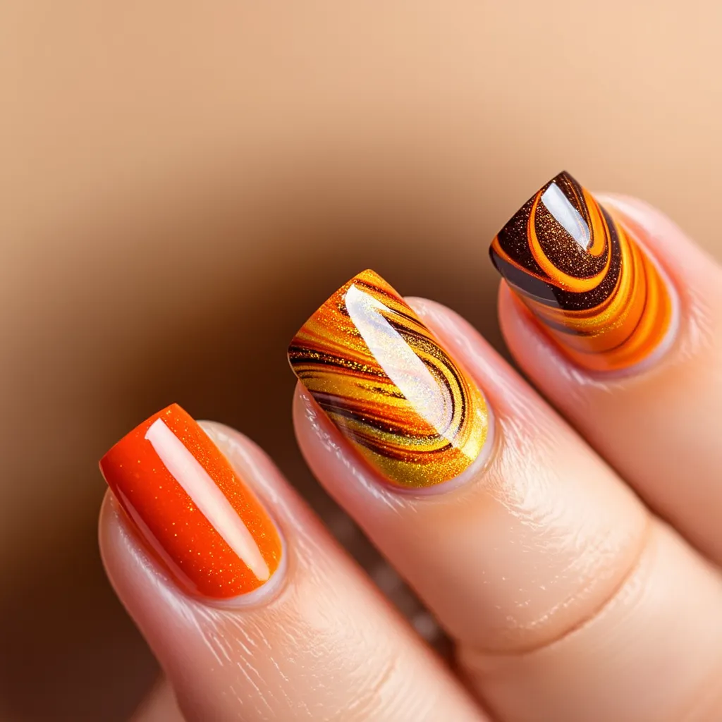 Hands with gel nails showcasing a marble effect with orange, brown, and white hues.