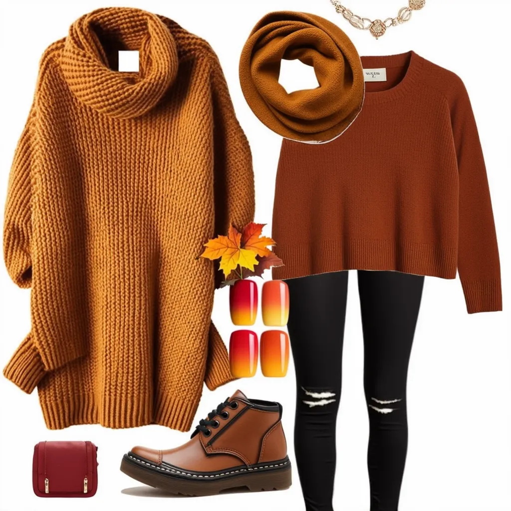 Fashionable autumn outfit complemented by fall ombre nails, including a cozy sweater, scarf, and accessories like a hat and jewelry, with nails matching the fall colors of the outfit.