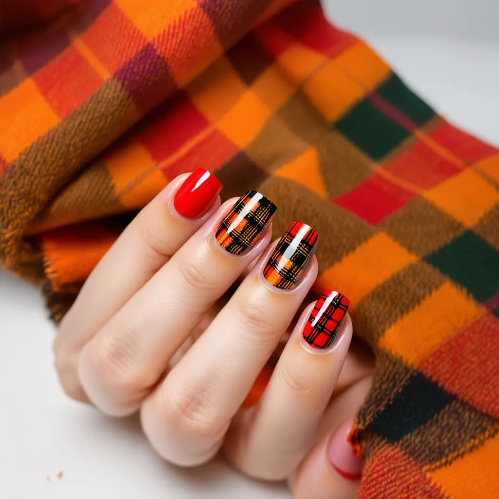 Hands with gel nails featuring classic plaid patterns in red, orange, and brown.