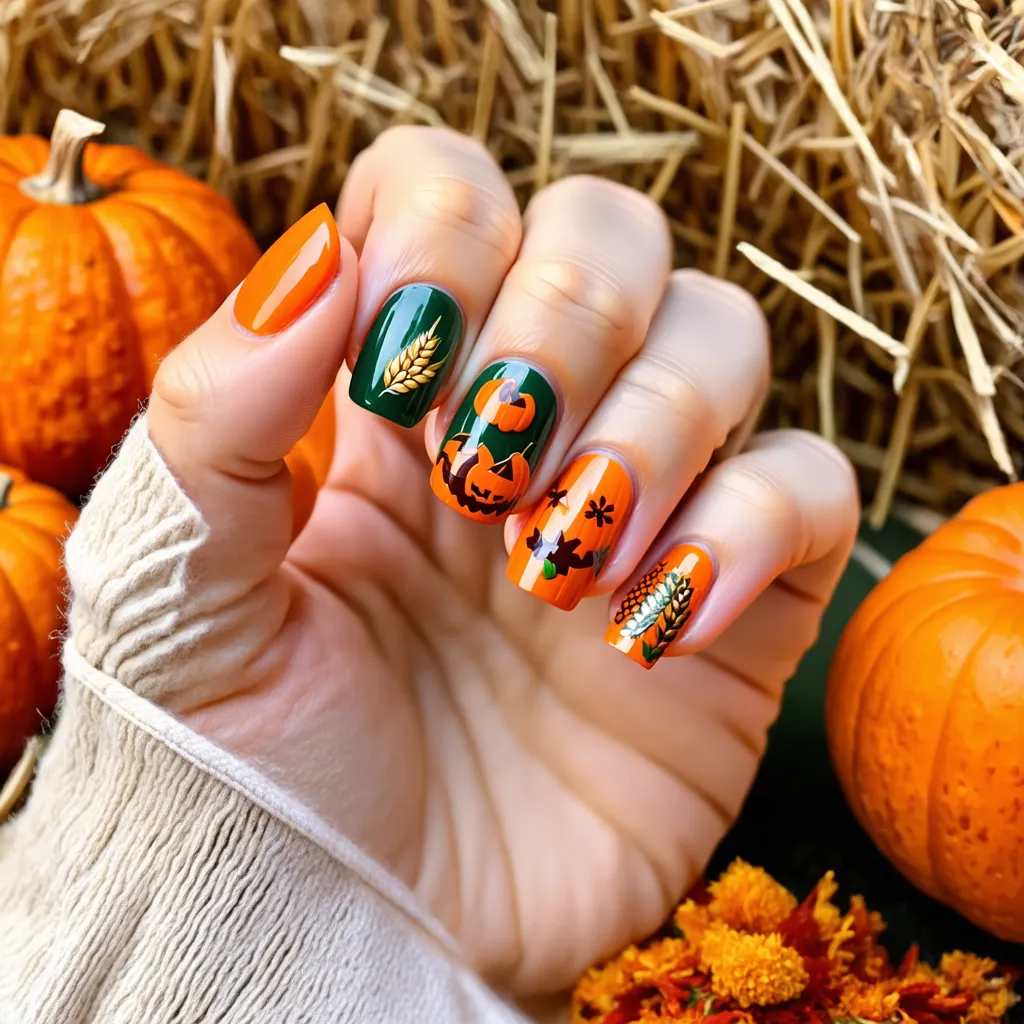 Hands with gel nails decorated with small pumpkin designs and harvest symbols.