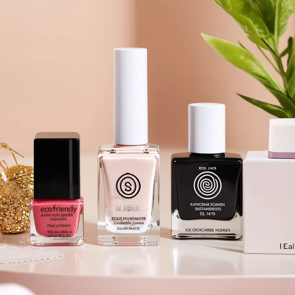 Eco-friendly nail polishes and products displayed on a table, featuring brands known for their sustainable practices, in a clean and minimalist setting.