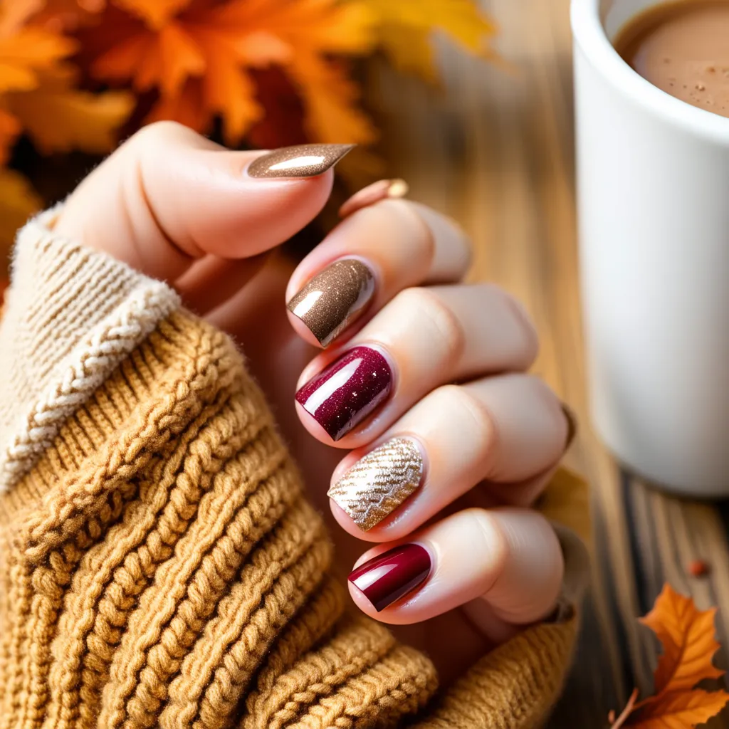 Close-up of hands with gel nails designed to look like knitted sweaters in warm colors.