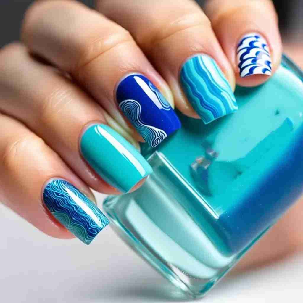 Oceanic waves blue colour nail art design