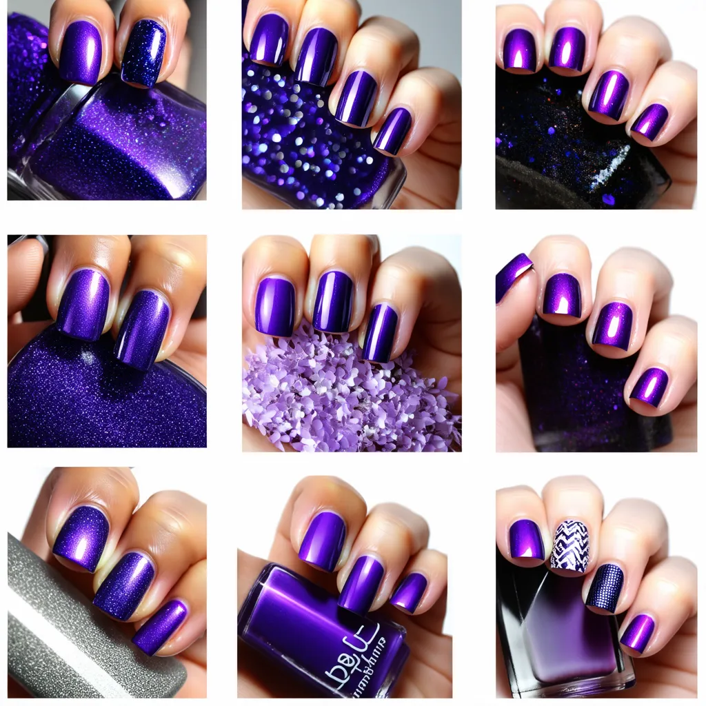 Collage of trendy nail art designs in purple